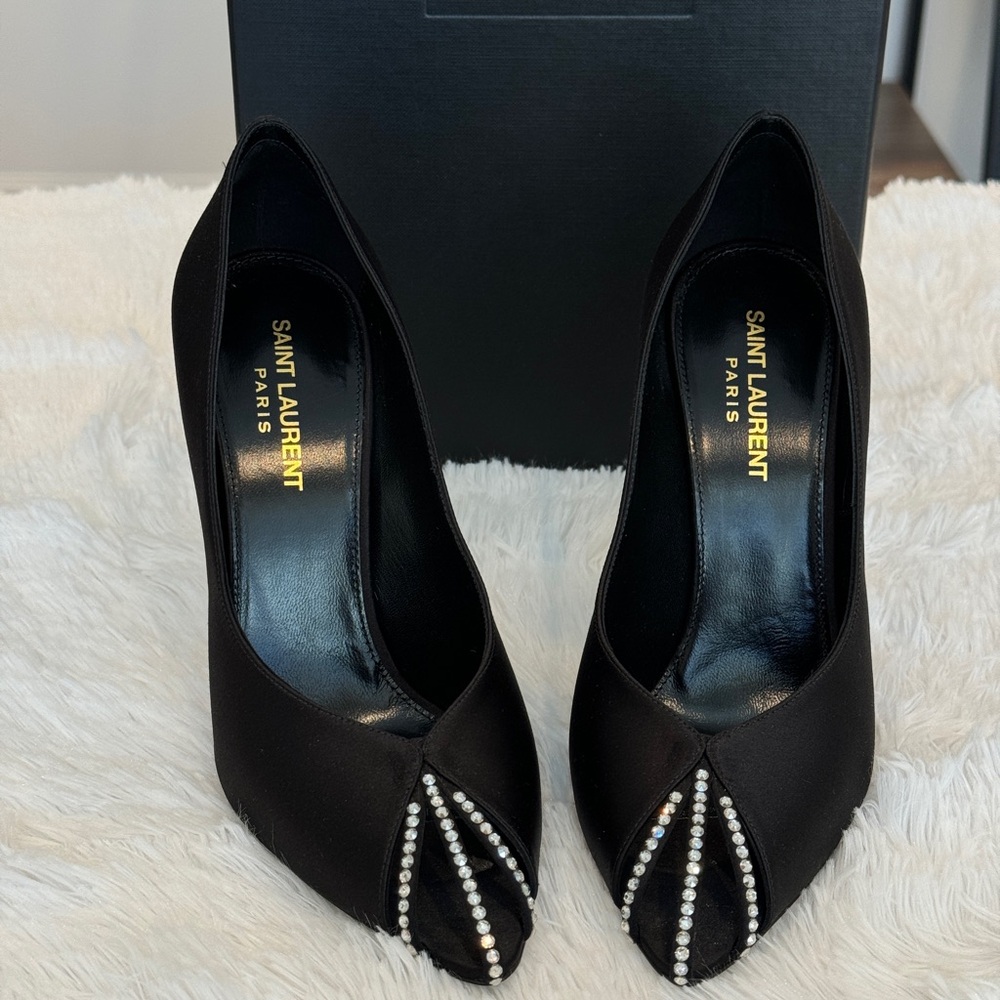 Saint Laurent Black Satin Pointed Toe Pumps with Crystal Trim - Picture 3 of 6